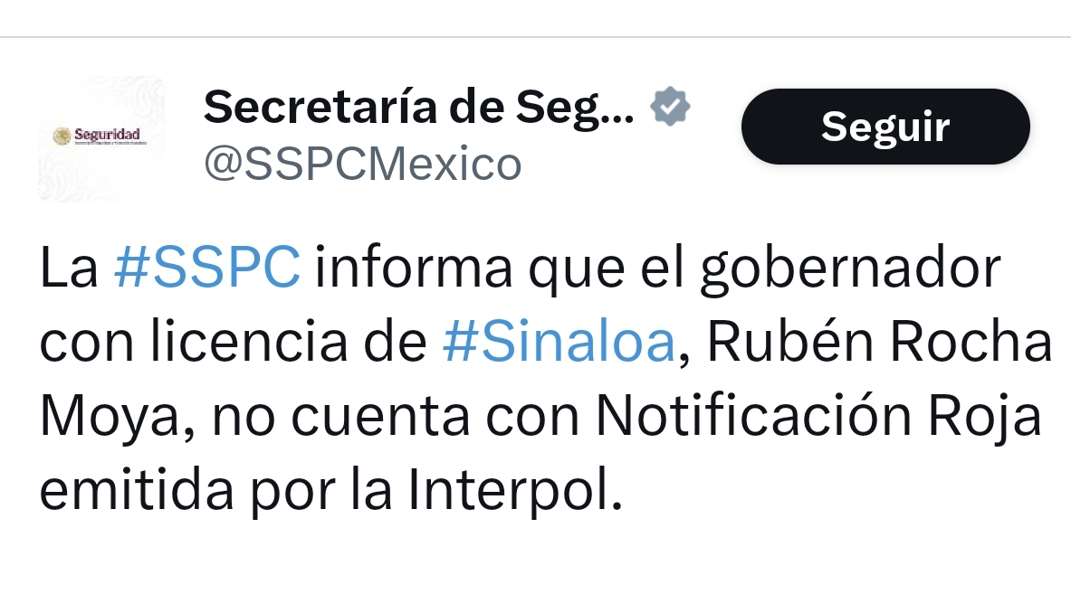 Oficial: No hay 'ficha roja' de Interpol contra Rocha Moya